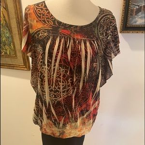 One World Multi color Boho Print Sh Sleeve Top L